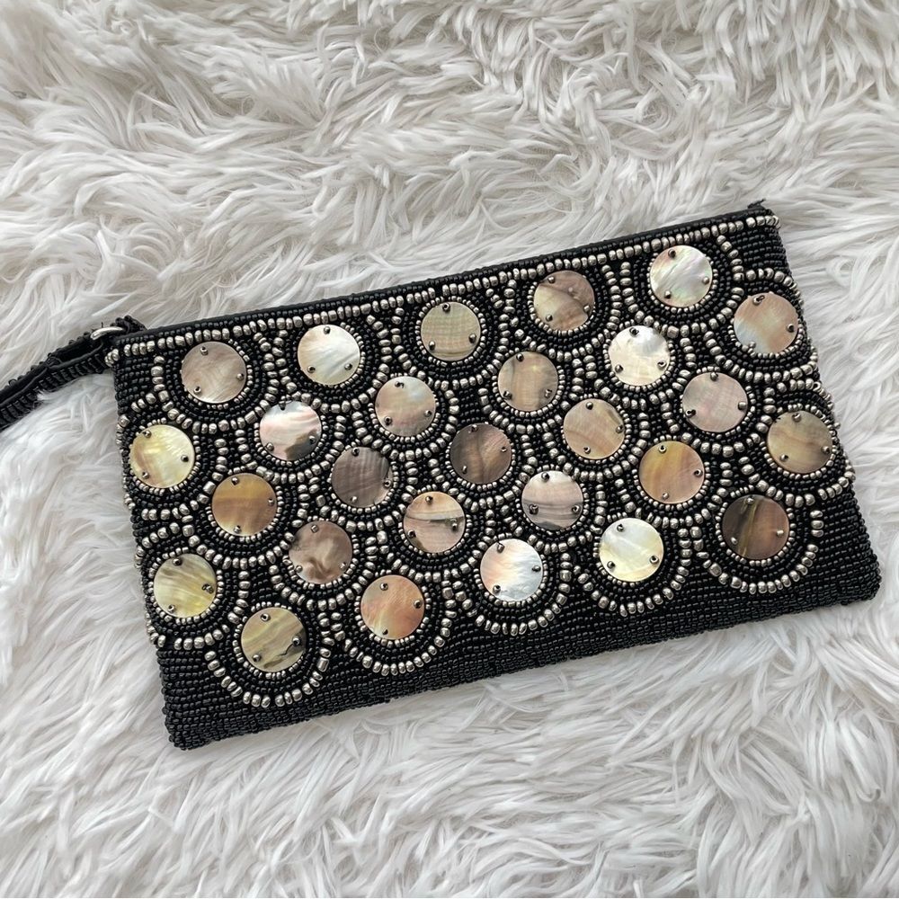 FULLY BEADED BLACK/ Chrome rectangular evening/ Formal‎ zip clutch bag no brand